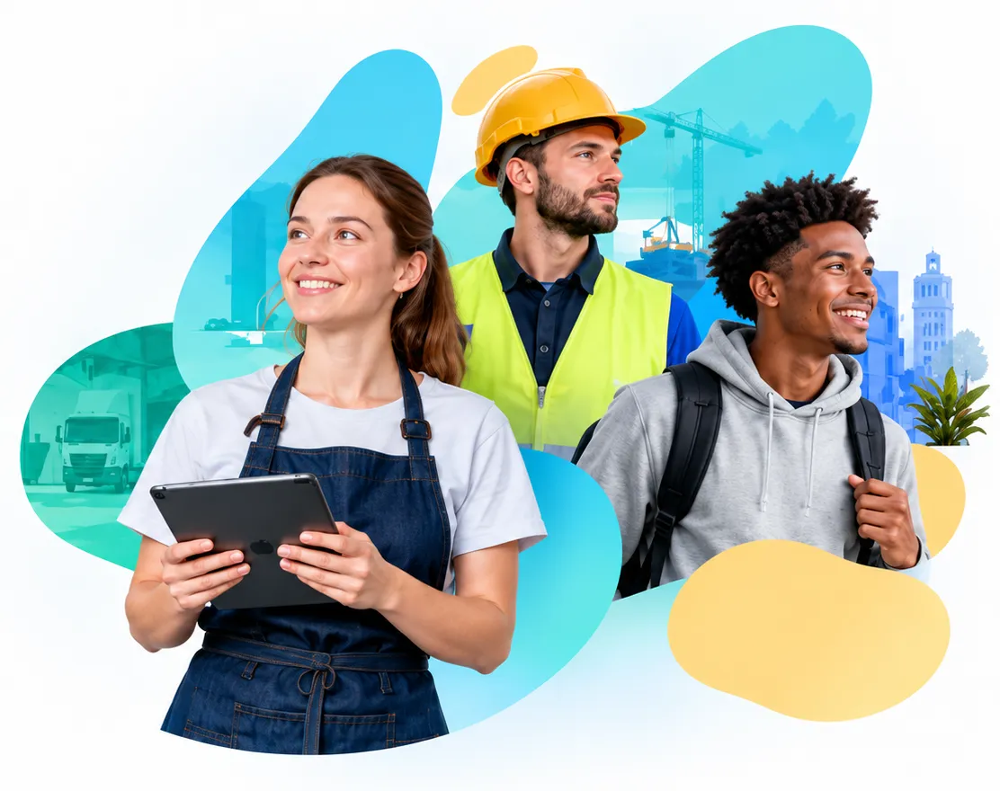 Une serveuse avec une tablette, un ouvrier en casque de chantier et un étudiant sac au dos